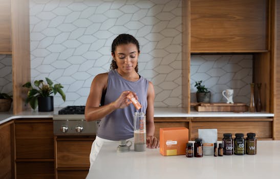 A variety of supplements on a kitchen counter